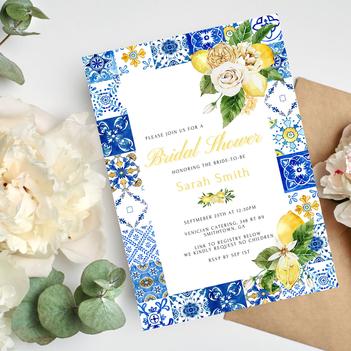 Lemon Bridal Shower Invitation – Italian Blue Tile Positano Theme, Editable Printable Template