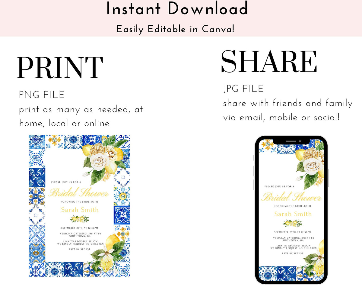 Lemon Bridal Shower Invitation – Italian Blue Tile Positano Theme, Editable Printable Template