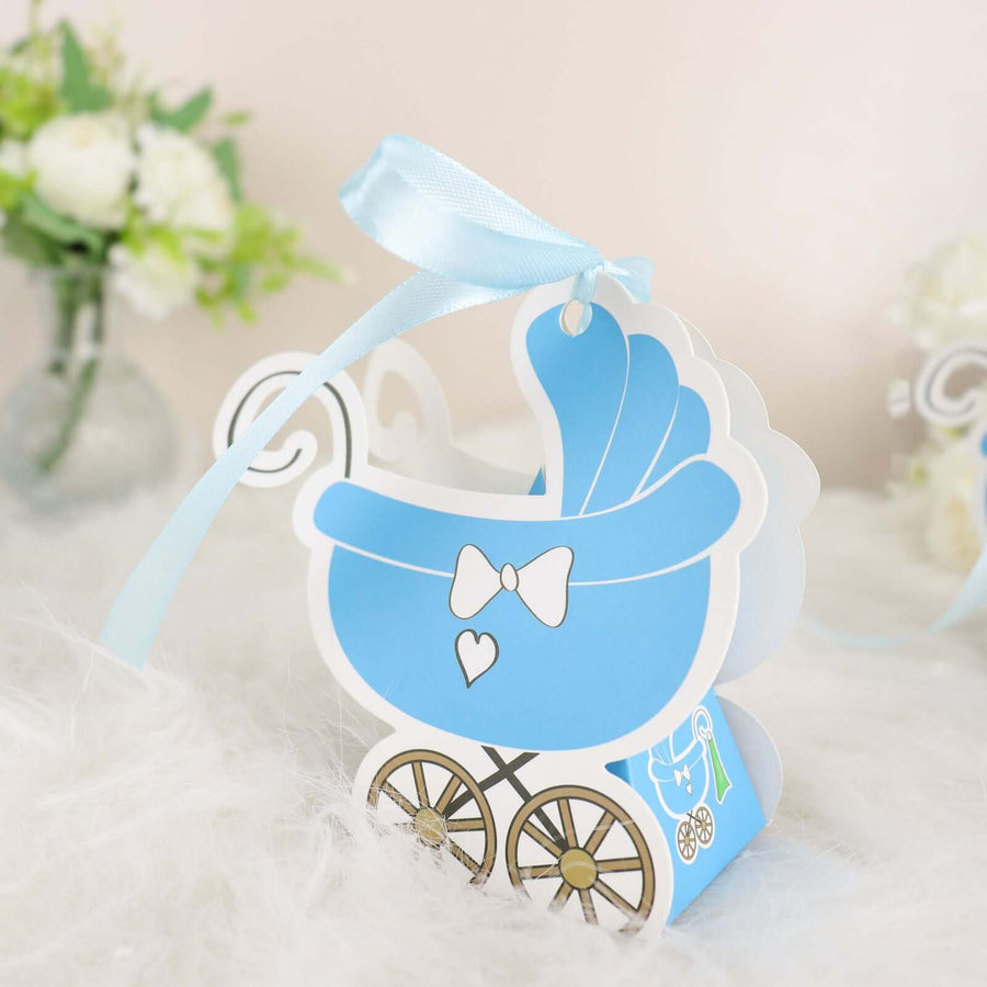 Light blue baby stroller favor box with ribbon tie for party