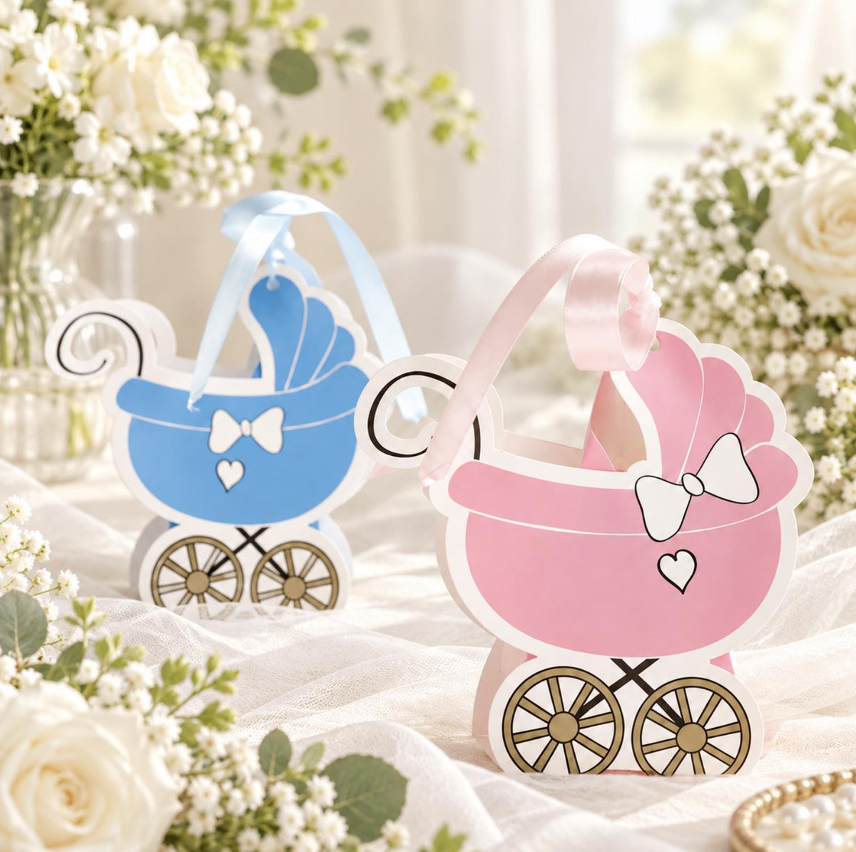 25 Pack Baby Stroller Party Favor Gift Boxes – Cardstock Carriage Candy Boxes with Ribbon Ties - Pretty Party Boxx