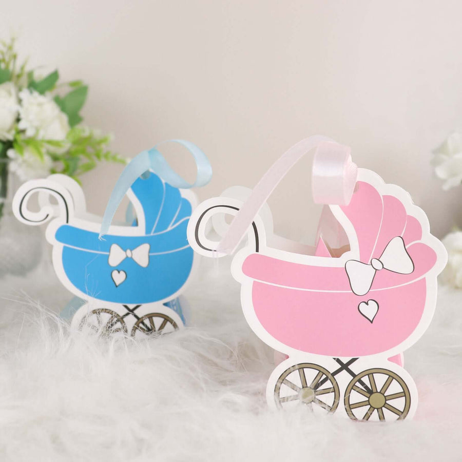 25 Pack Baby Stroller Party Favor Gift Boxes – Cardstock Carriage Candy Boxes with Ribbon Ties