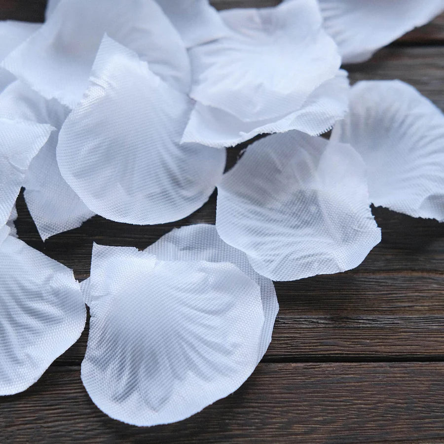 White silk rose petals decorative scatters for tables and floors – elegant party décor.