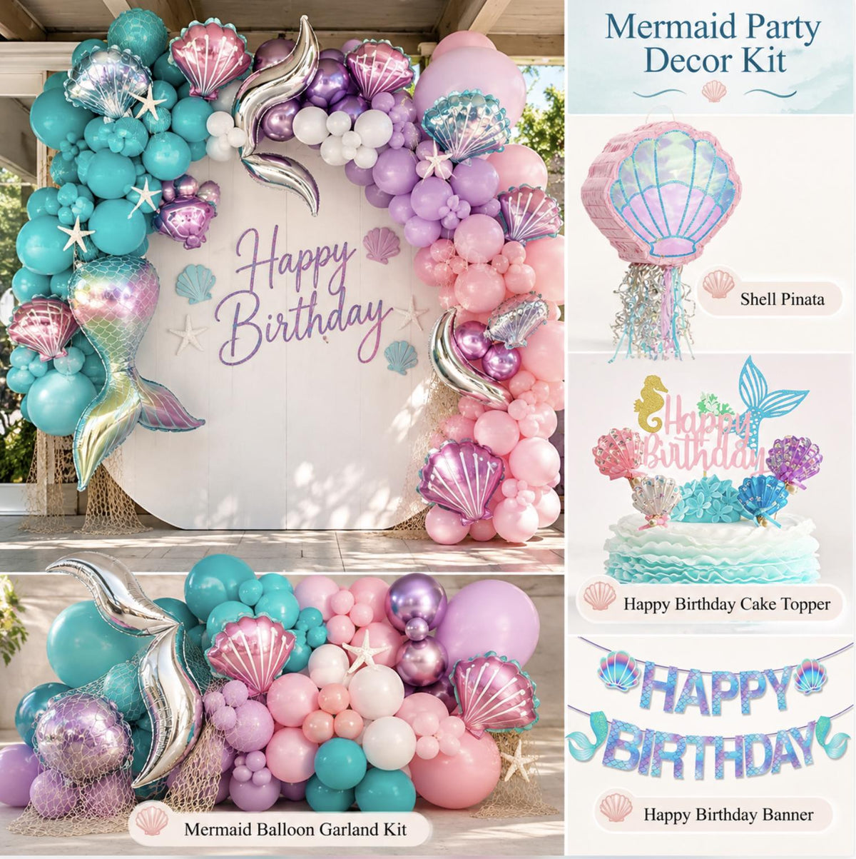 Mermaid Party Decor Kit – Pastel Balloon Garland, Shell Piñata & Birthday Decorations