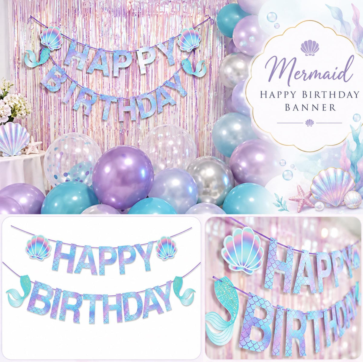 Mermaid Party Decor Kit – Pastel Balloon Garland, Shell Piñata & Birthday Decorations