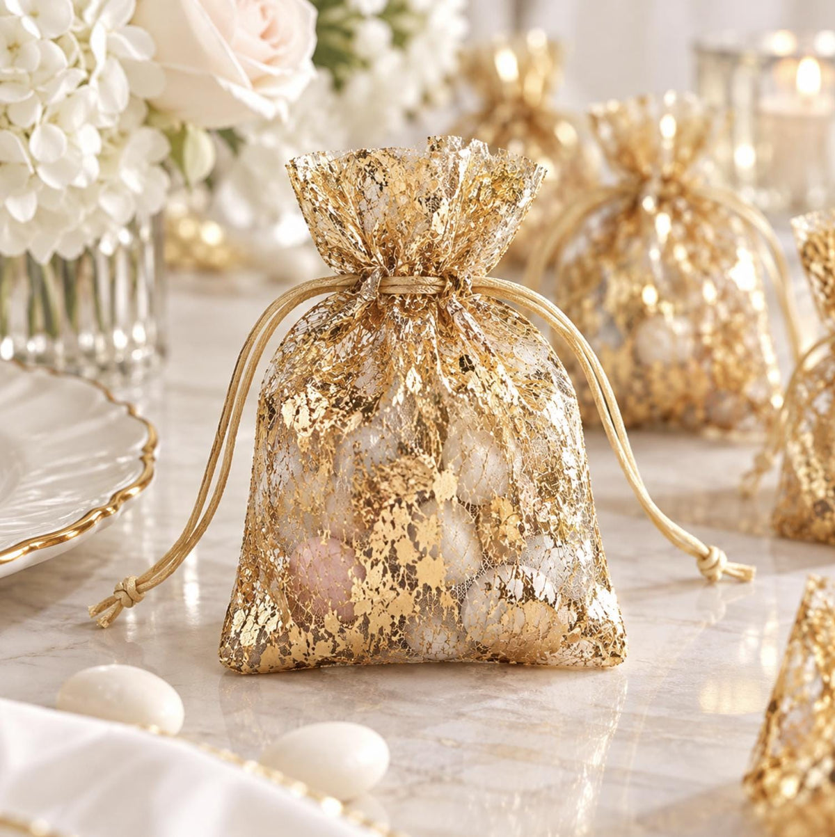 Metallic Gold Drawstring Candy Bags | 12-Pack Foil Favor Bags