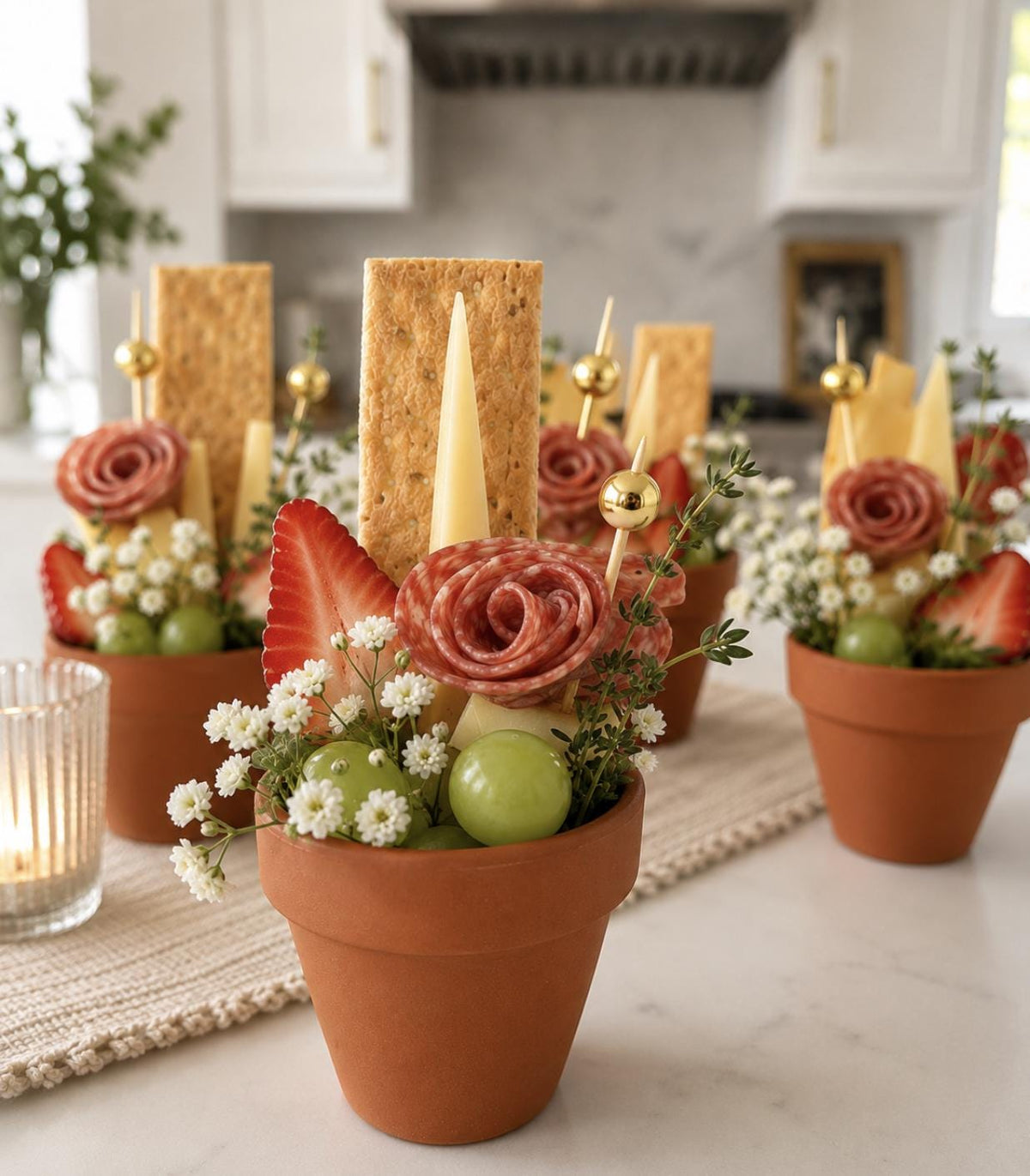 Mini Ceramic Flower Pot Charcuterie Cups with Gold Toothpicks – Garden Party Appetizer Cups