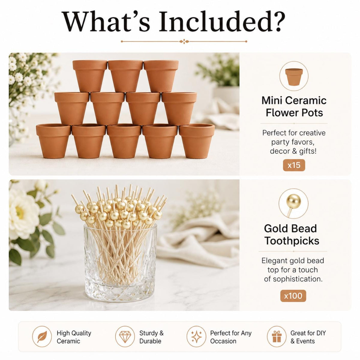 Mini Ceramic Flower Pot Charcuterie Cups with Gold Toothpicks – Garden Party Appetizer Cups