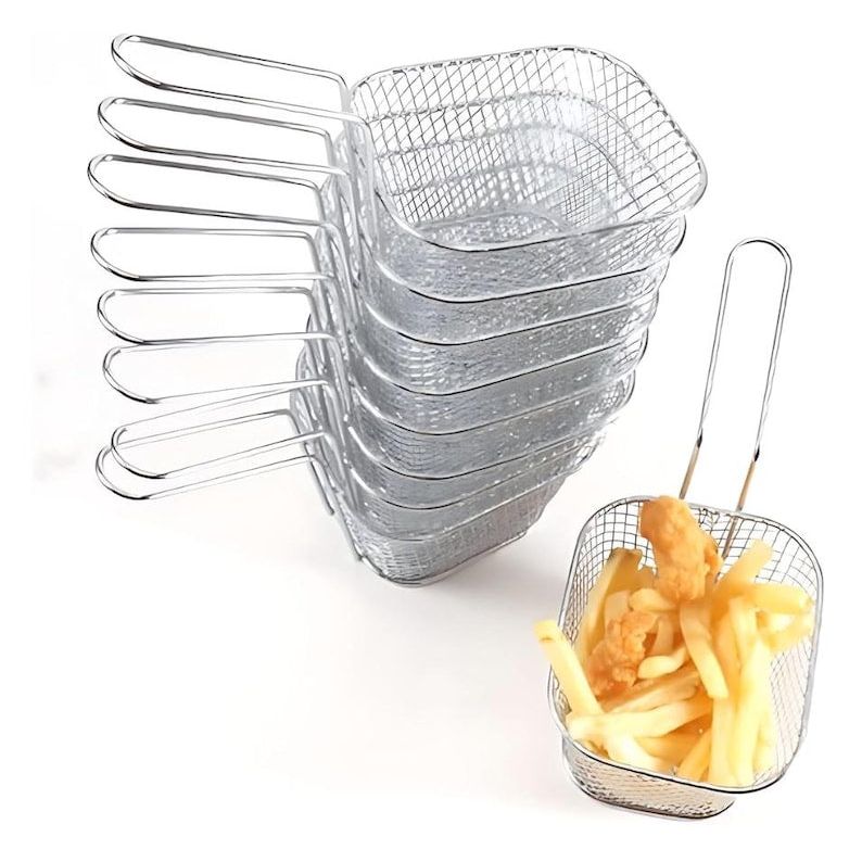 Miniature fry baskets and mini appetizer forks styled for a wedding
