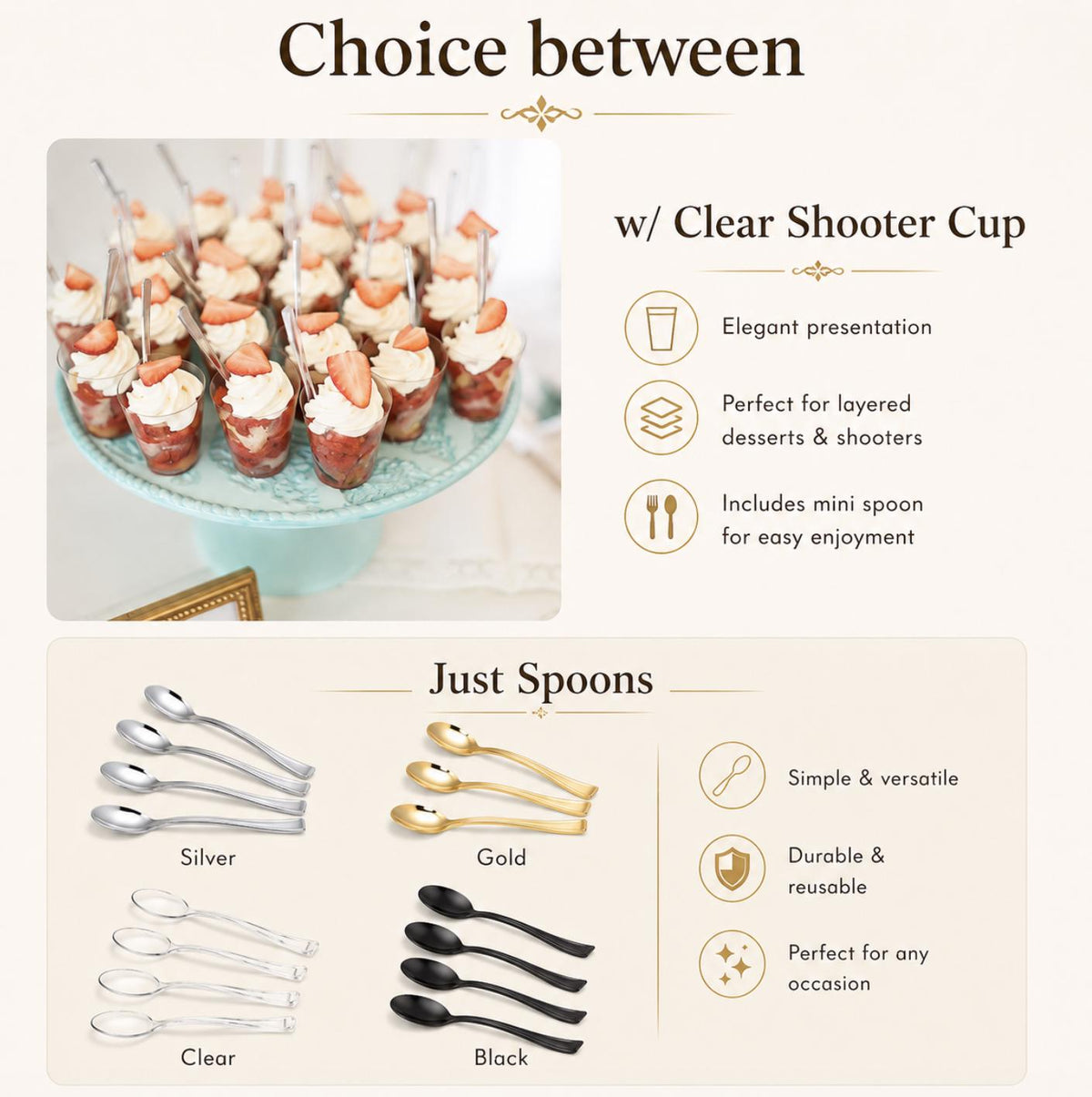 Mini Gold Appetizer Spoons – Plastic Dessert Spoons for Mini Desserts & Catering Displays