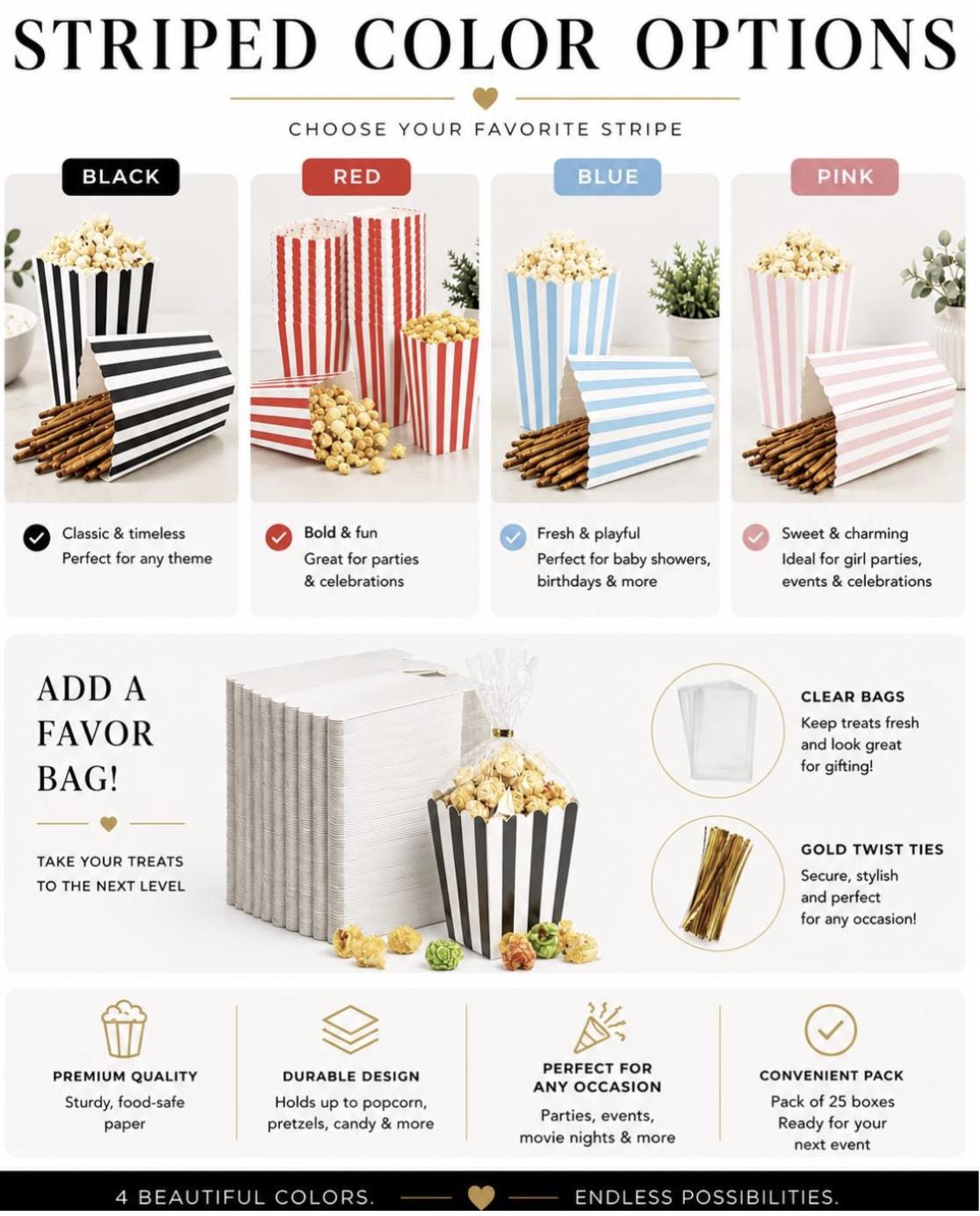 Mini Striped Popcorn Favor Boxes – Pastel Party Snack Boxes for Birthdays & Showers