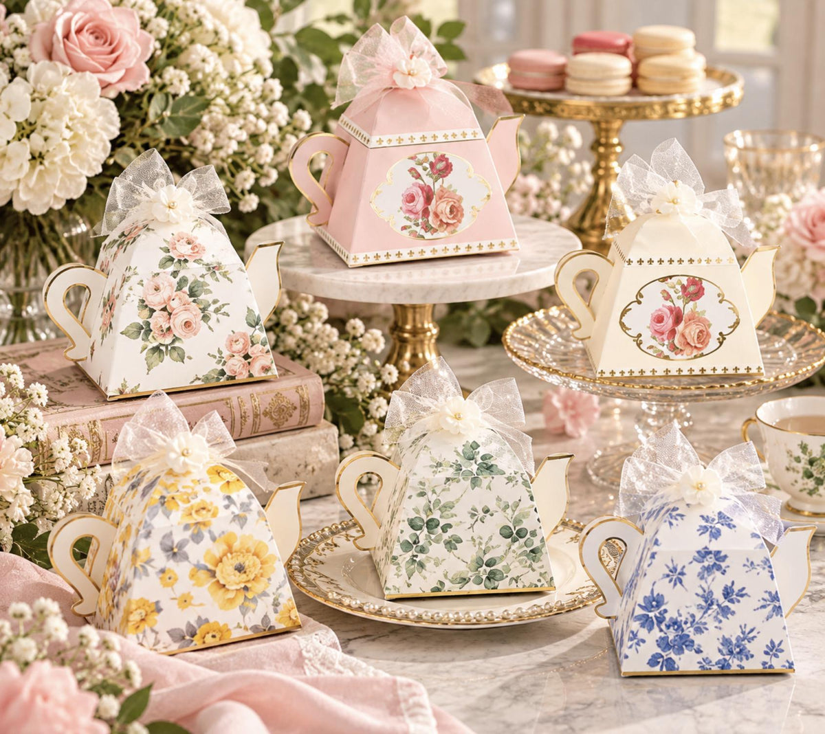 25 - Pack Mini Teapot Party Favor Boxes – Pink Peony Floral Gift Boxes for Weddings & Tea Parties - Pretty Party Boxx