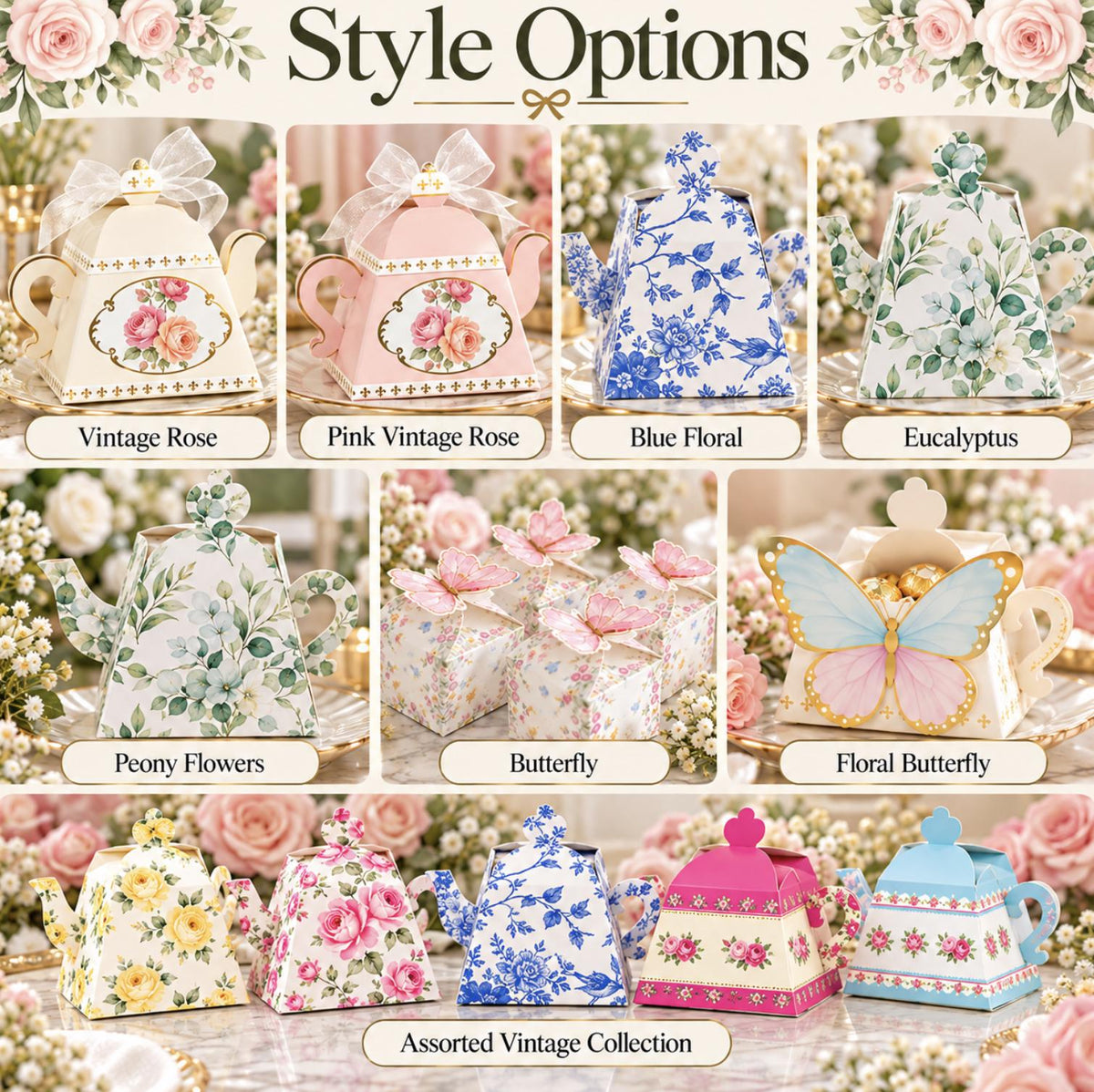 Mini Teapot Party Favor Boxes | 25-Pack Pink Peony Floral Gift Boxes