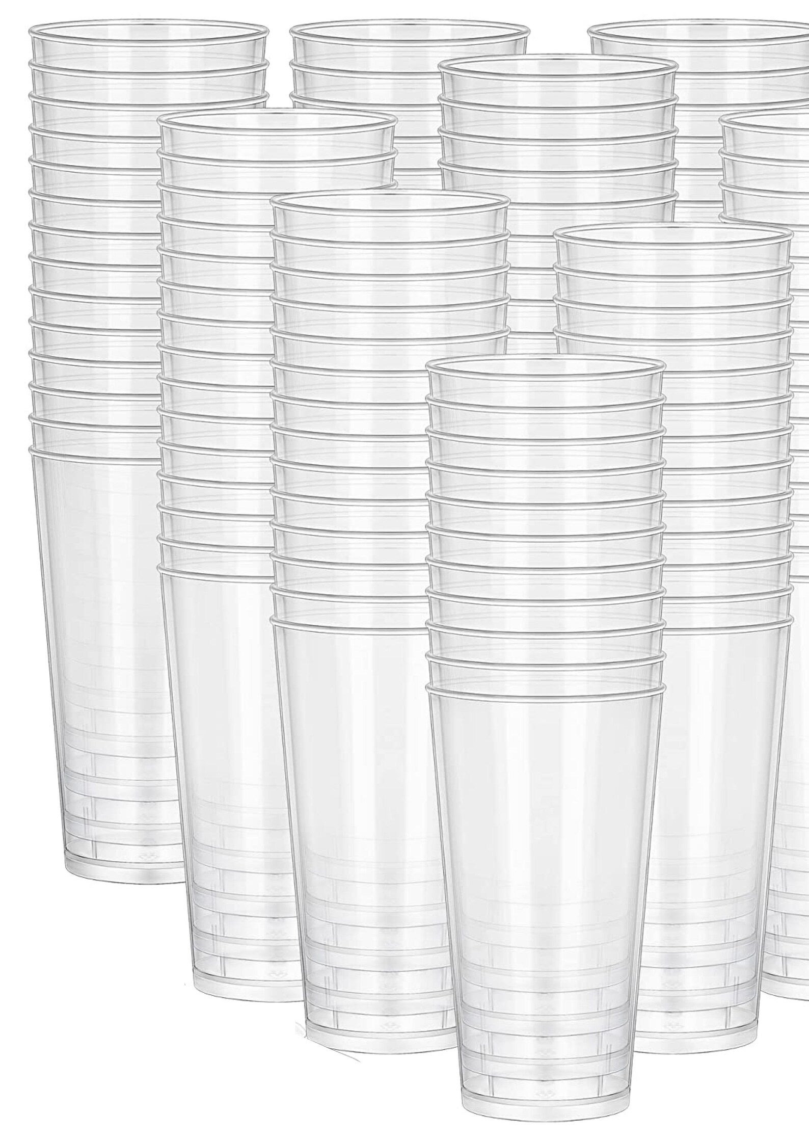 Tray of 3 oz clear acrylic dessert cups with milk and cookies and pink striped straws