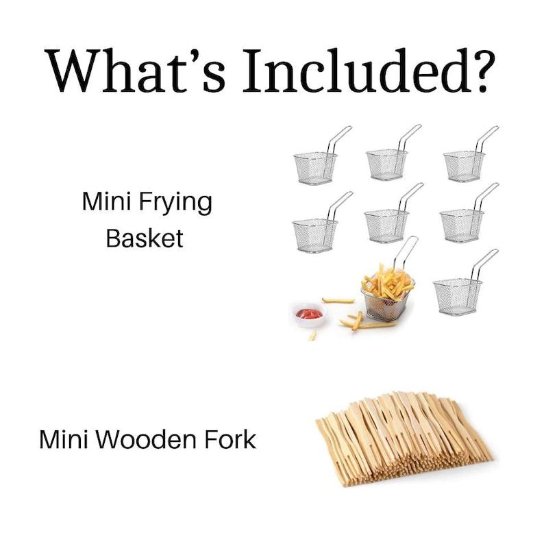 Set of 16 miniature fry baskets and 16 wooden mini forks on a table