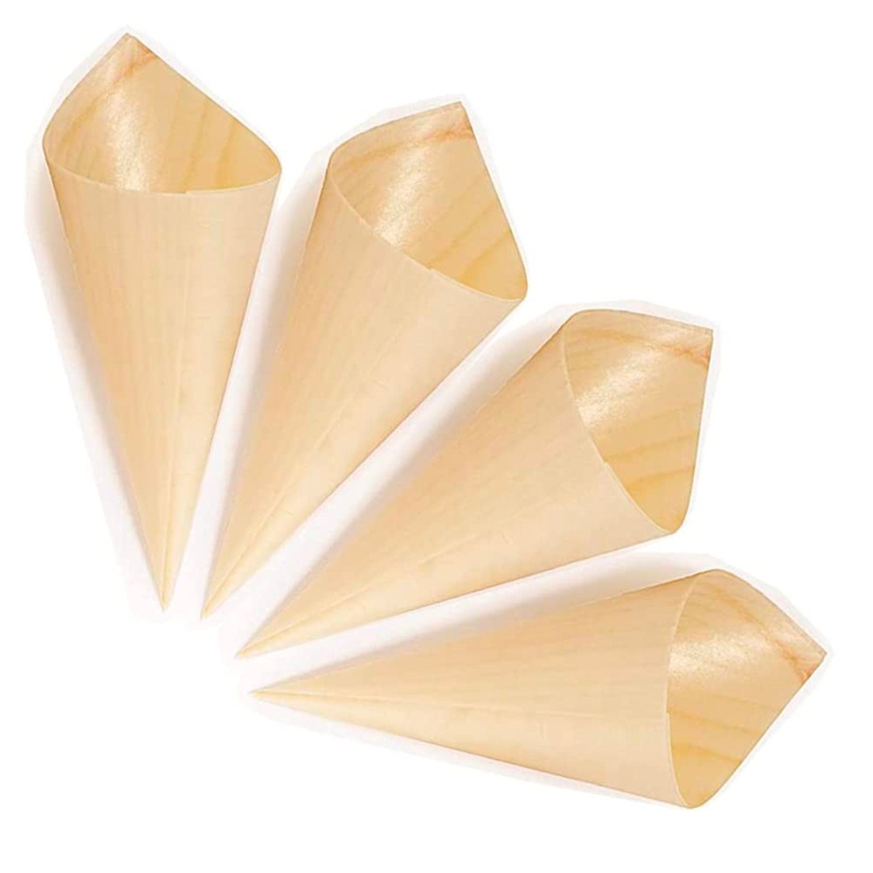 Multi-level acrylic cone holder stand with disposable cones and decorative picks ready for event catering setup.