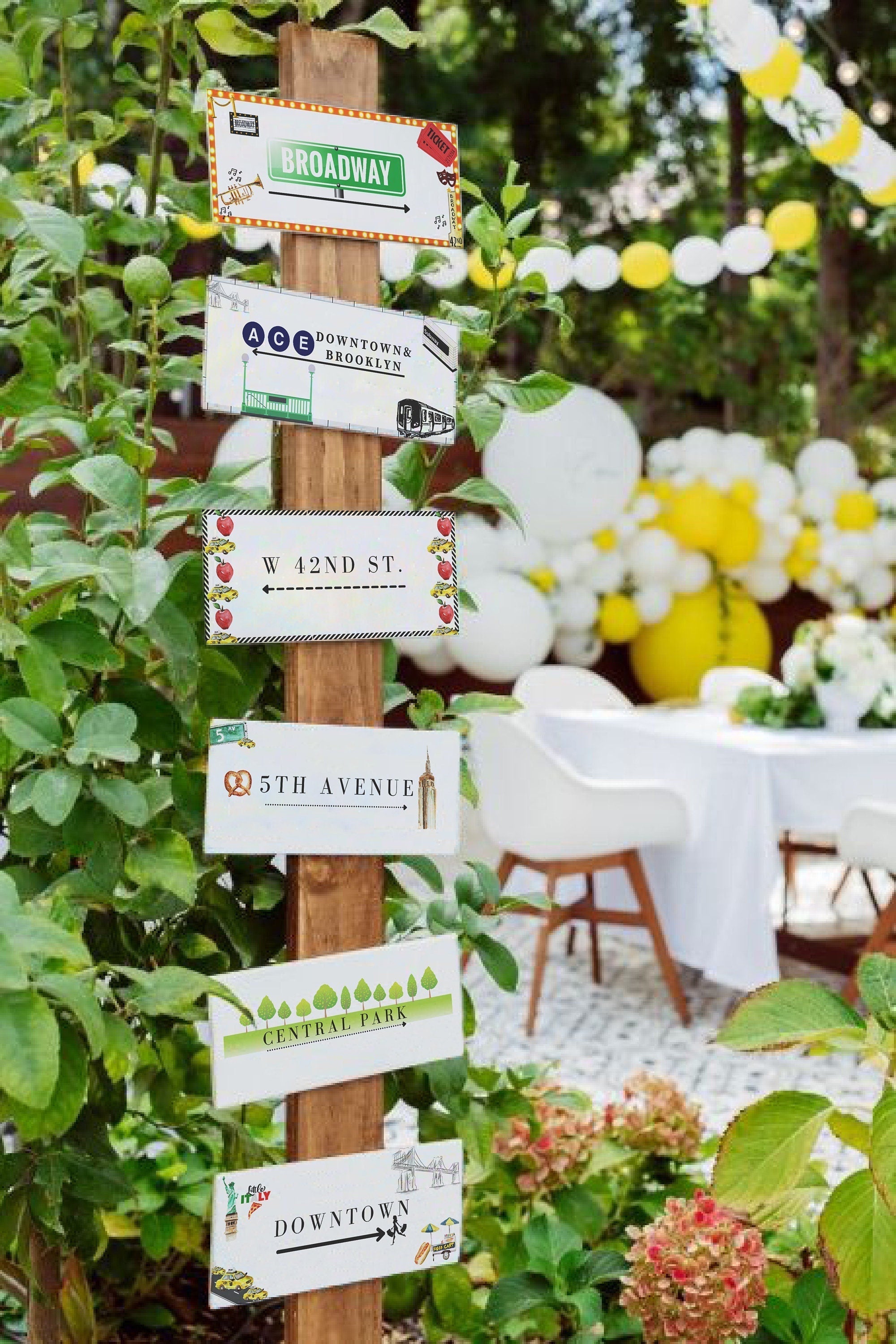Set of 6 printed New York themed party street signs featuring Broadway, One Way, W 42nd St., 5th Avenue, Central Park, and Downtown for New York city themed party supplies and decorations.