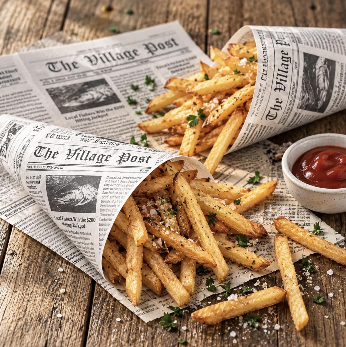 Newspaper Print Cone Liner Sheets – Vintage Food Wrap Paper for Fries, Pastries & Party Snacks