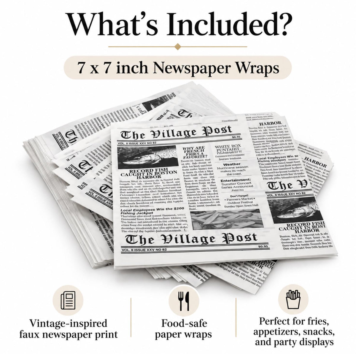 Newspaper Print Cone Liner Sheets – Vintage Food Wrap Paper for Fries, Pastries & Party Snacks