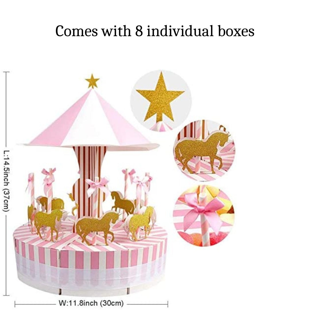 Paper Carousel Horse Favor Box Centerpiece – Vintage Pink Carnival Party Decoration & Treat Box Set - Pretty Party Boxx