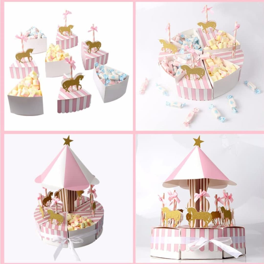 Paper Carousel Horse Favor Box Centerpiece – Vintage Pink Carnival Party Decoration & Treat Box Set - Pretty Party Boxx