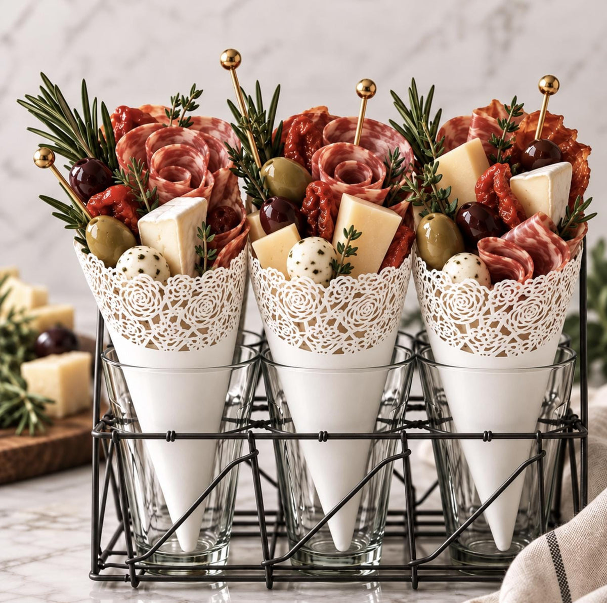 Paper Doily Charcuterie Cones with Toothpicks – Lace Cones for Cone Stands & Dessert Displays