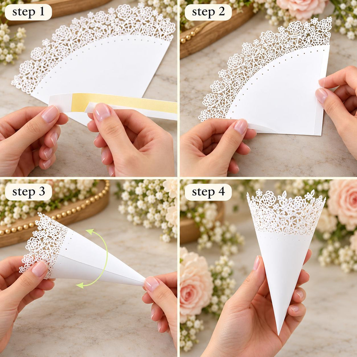 Paper Doily Charcuterie Cones with Toothpicks – Lace Cones for Cone Stands & Dessert Displays