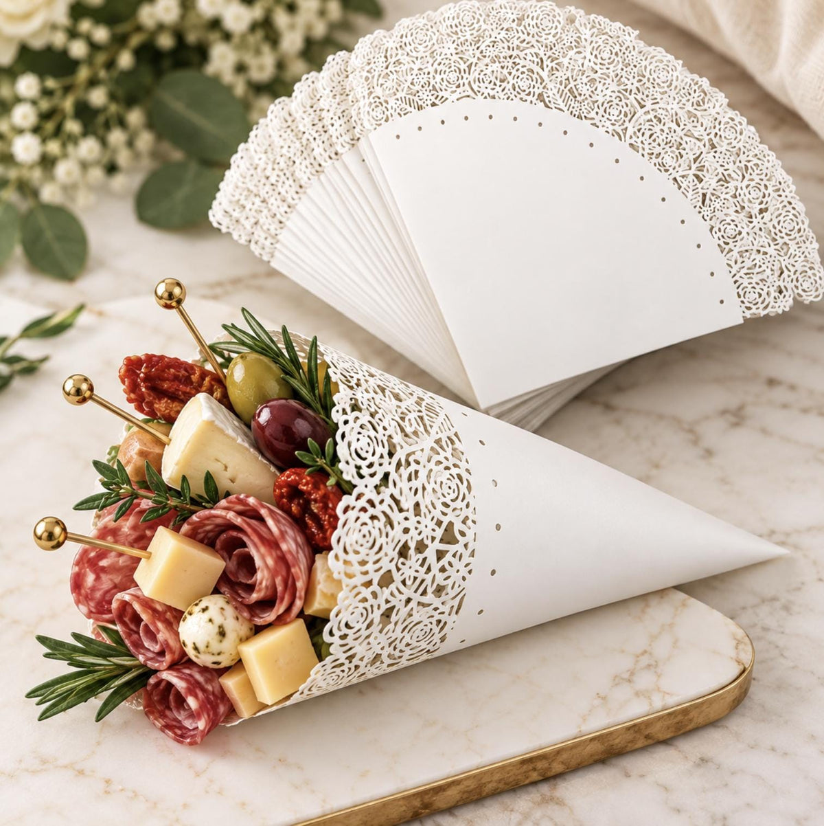 Paper Doily Charcuterie Cones with Toothpicks – Lace Cones for Cone Stands & Dessert Displays