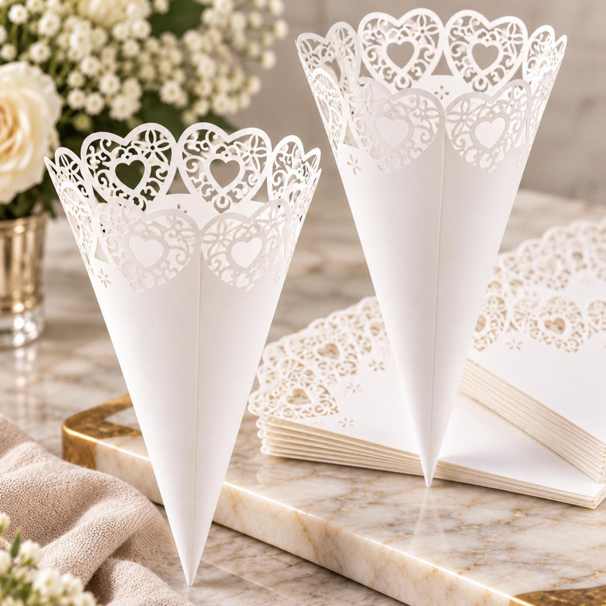 Paper Doily Charcuterie Cones with Toothpicks – Lace Cones for Cone Stands & Dessert Displays