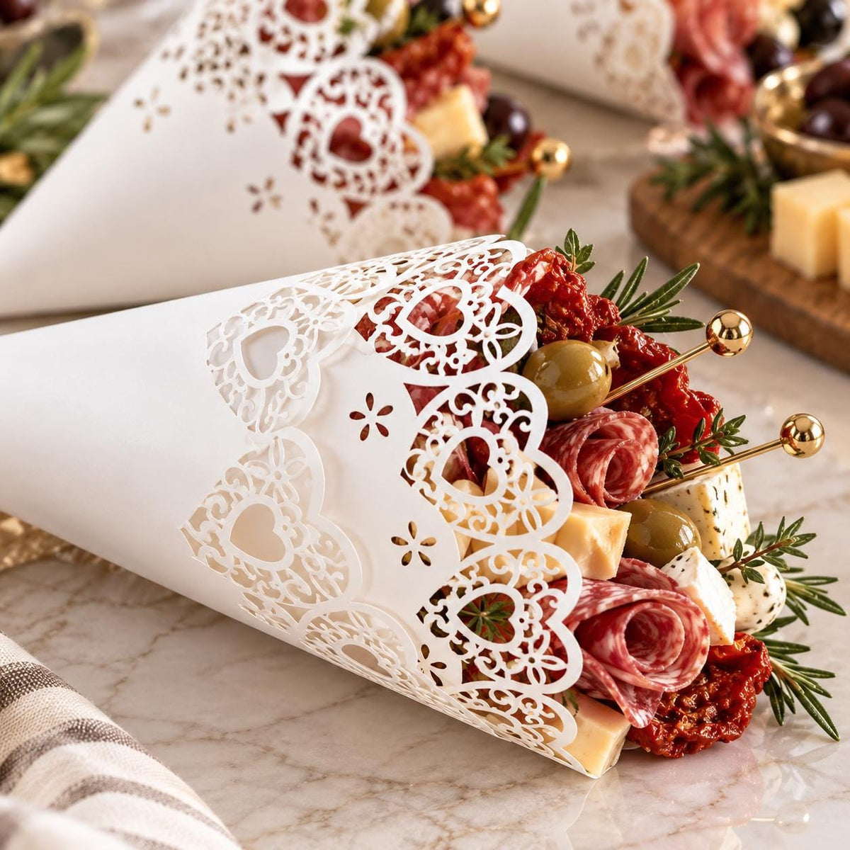 Paper Doily Charcuterie Cones with Toothpicks – Lace Cones for Cone Stands & Dessert Displays