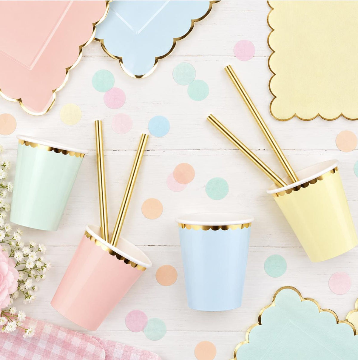 Pastel paper plates with scalloped gold edges for birthday parties, baby showers and special celebrations