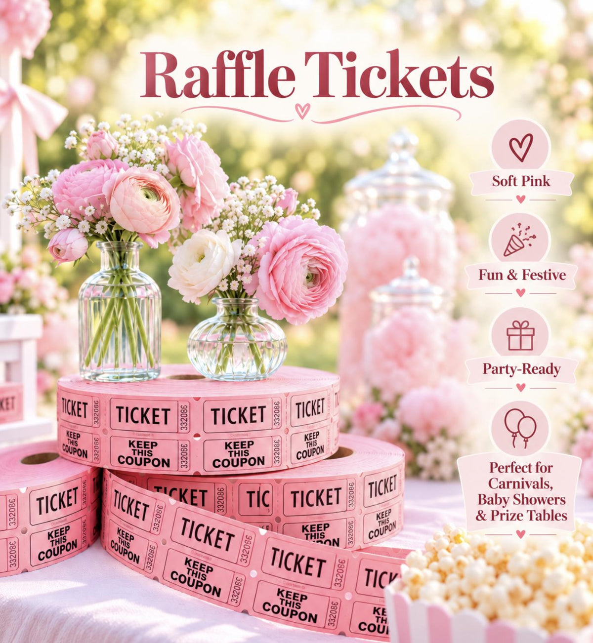 Pastel Raffle Ticket Rolls – Admit One Tickets for Carnival Parties, Showers & Fundraisers