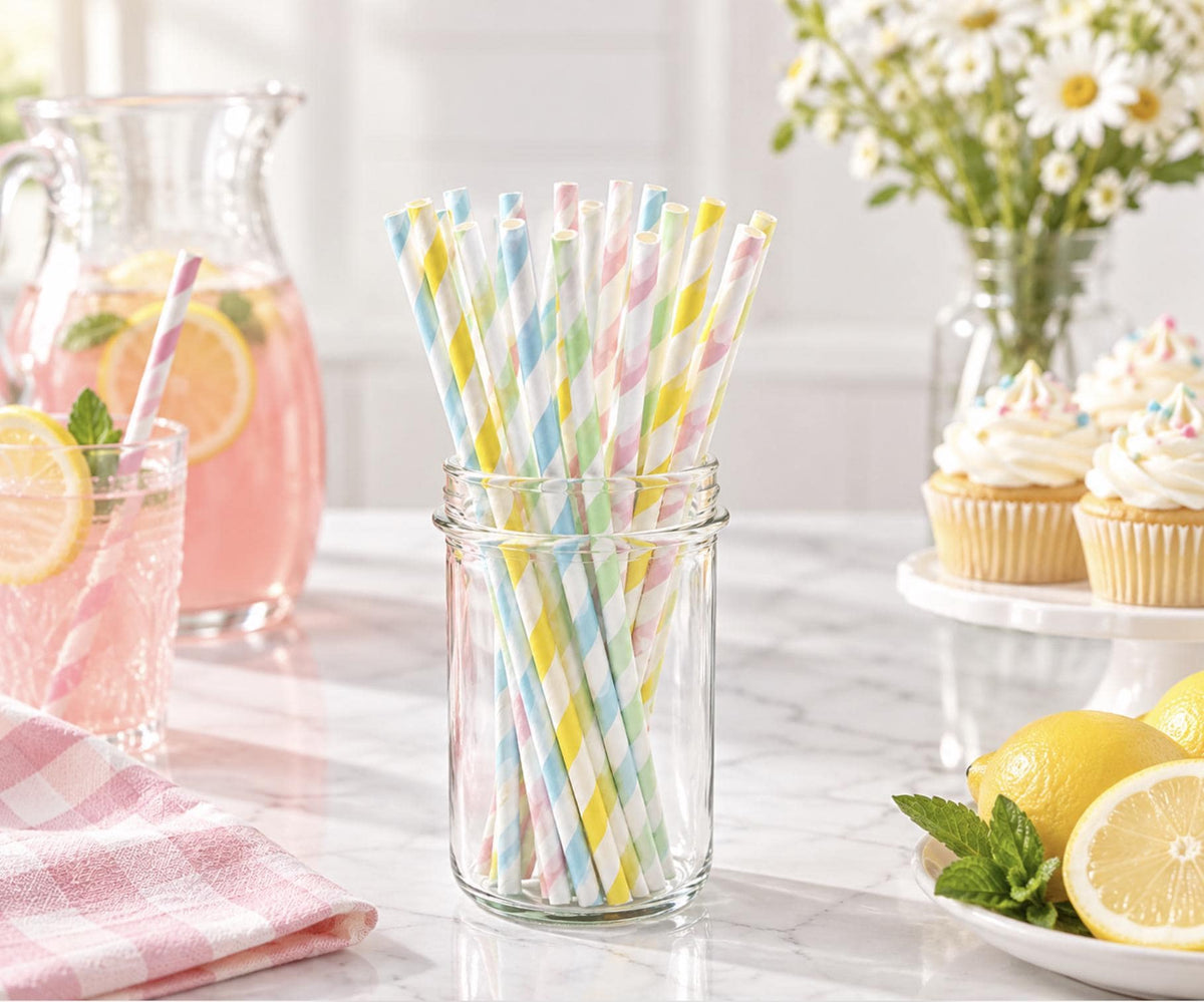 Pastel Striped Paper Straws – Ice Cream Party Straws & Cake Pop Sticks for Kids Birthdays