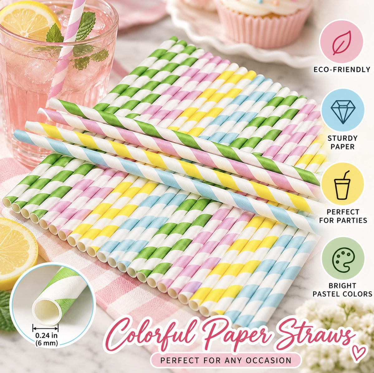 Pastel Striped Paper Straws – Ice Cream Party Straws & Cake Pop Sticks for Kids Birthdays