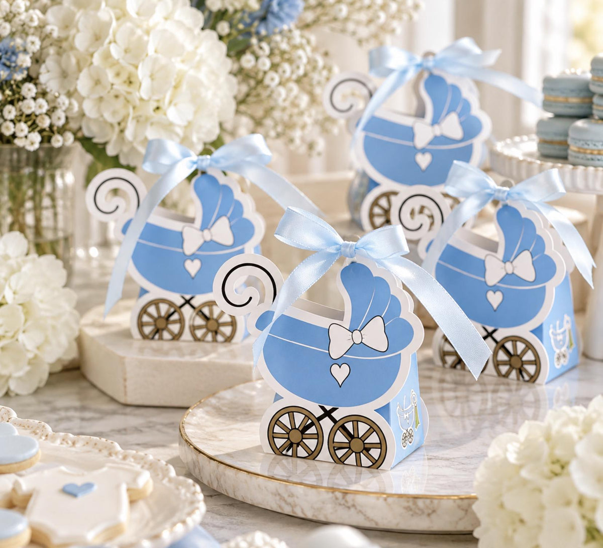 25 Pack Baby Stroller Party Favor Gift Boxes – Cardstock Carriage Candy Boxes with Ribbon Ties - Pretty Party Boxx