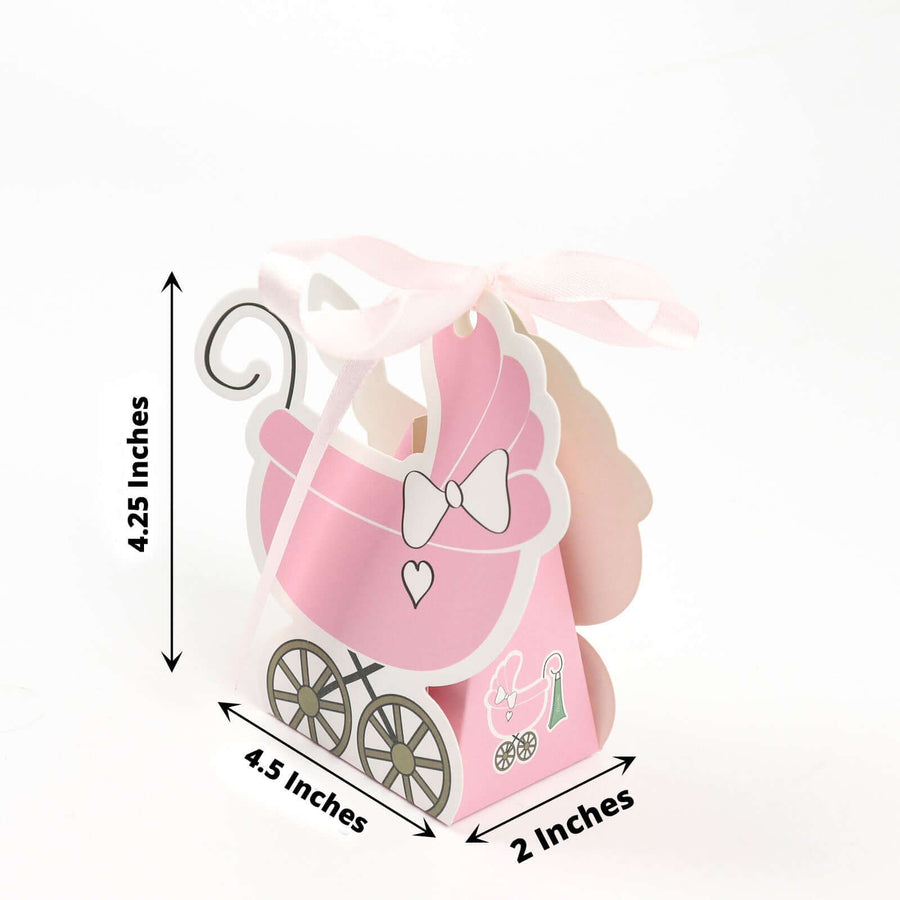 25 Pack Baby Stroller Party Favor Gift Boxes – Cardstock Carriage Candy Boxes with Ribbon Ties