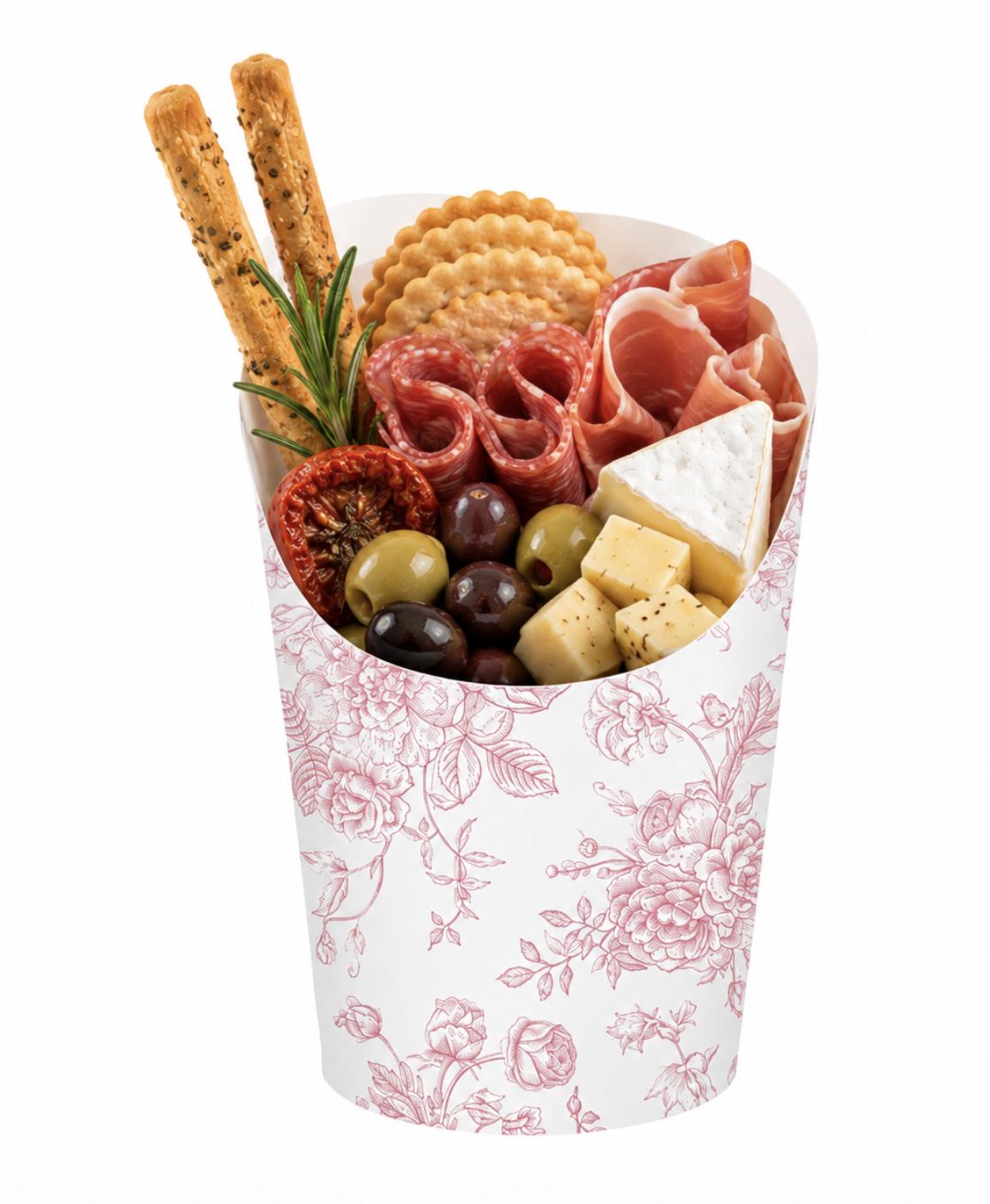 Pink Toile Charcuterie Cups with Toothpicks – Individual Appetizer Cups for Showers & Parties