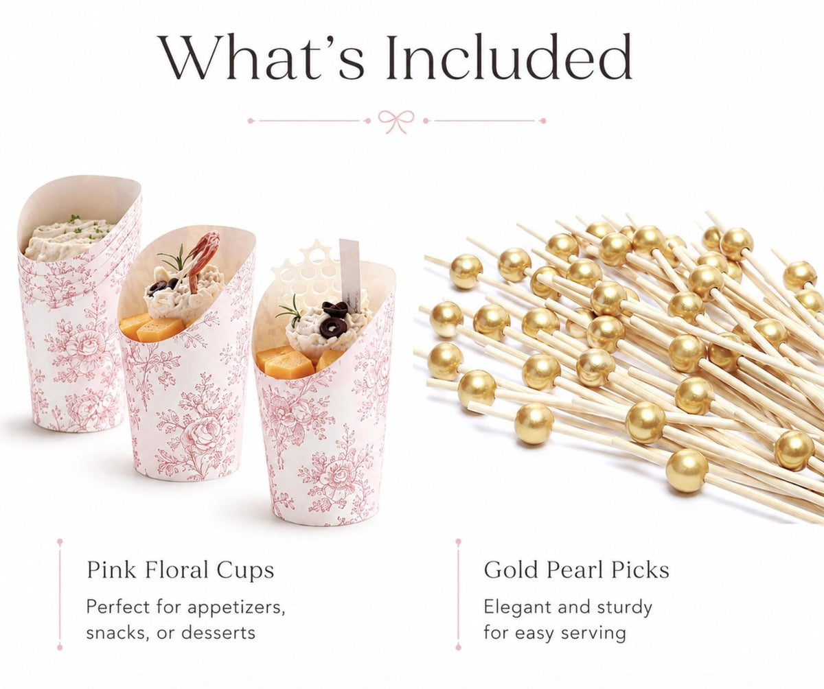 Pink Toile Charcuterie Cups with Toothpicks – Individual Appetizer Cups for Showers & Parties