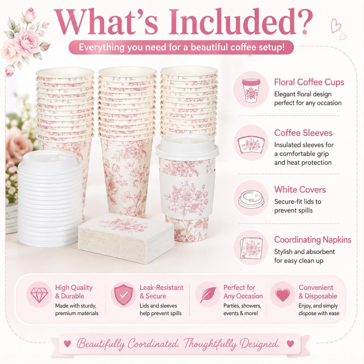 Pink Toile Disposable Coffee Cups with Lids & Sleeves – Coffee Bar Cups for Showers & Weddings