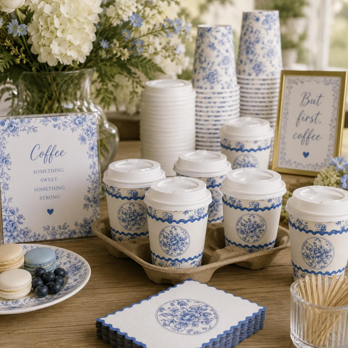 Pink Toile Disposable Coffee Cups with Lids & Sleeves – Coffee Bar Cups for Showers & Weddings