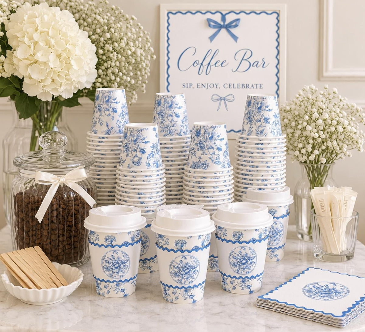 Pink Toile Disposable Coffee Cups with Lids & Sleeves – Coffee Bar Cups for Showers & Weddings
