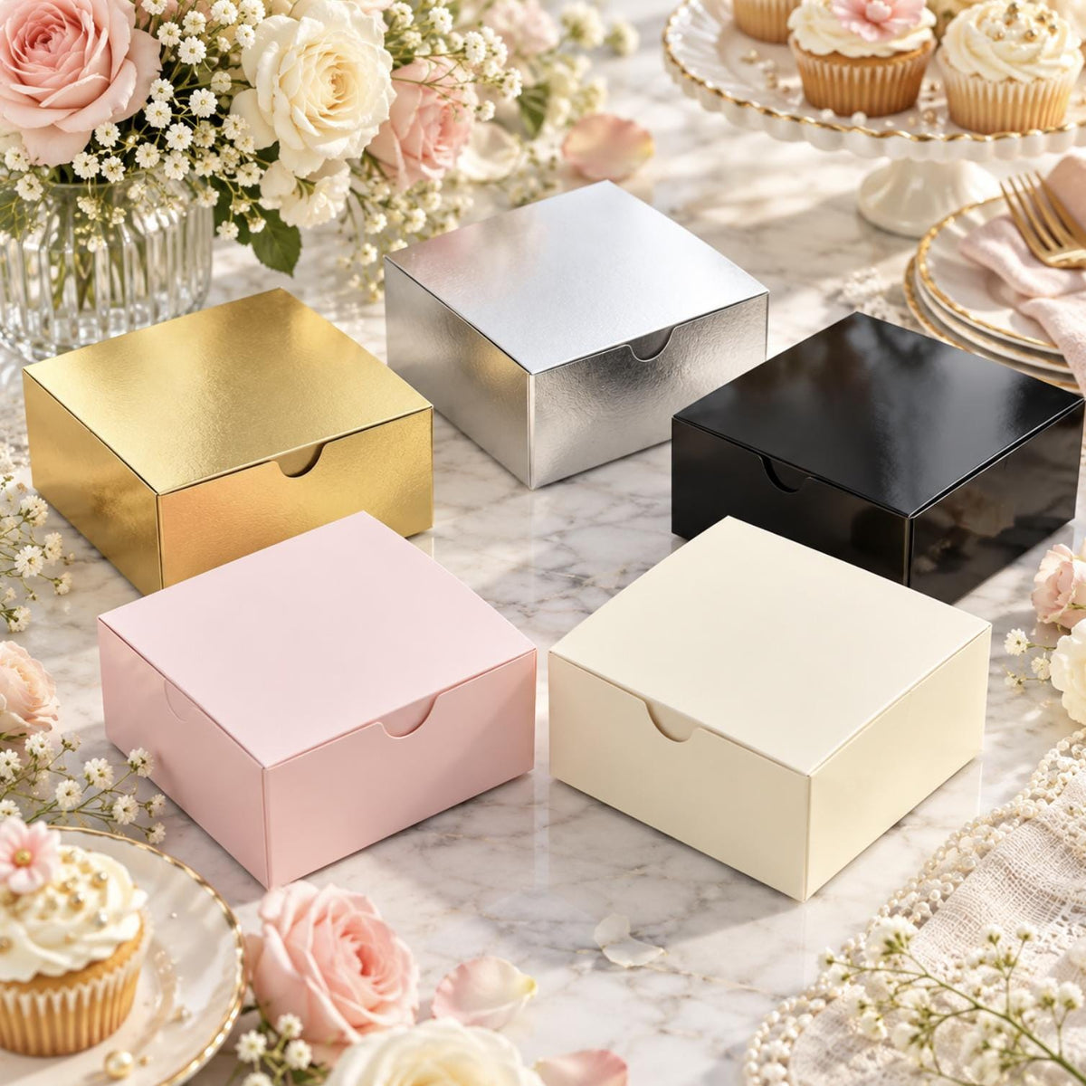 Light pink favor box tied with a white ribbon and rose. Elegant gift packaging for wedding favors.