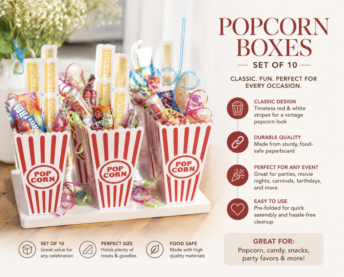 Plastic Carnival Popcorn Cups – Red Striped Reusable Popcorn Boxes for Parties & Movie Nights