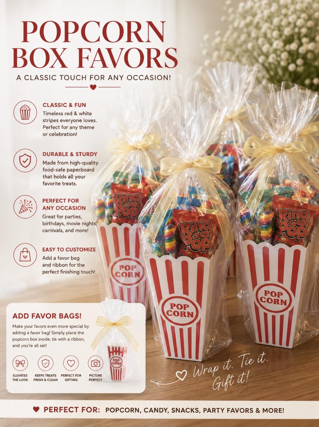 Plastic Carnival Popcorn Cups – Red Striped Reusable Popcorn Boxes for Parties & Movie Nights