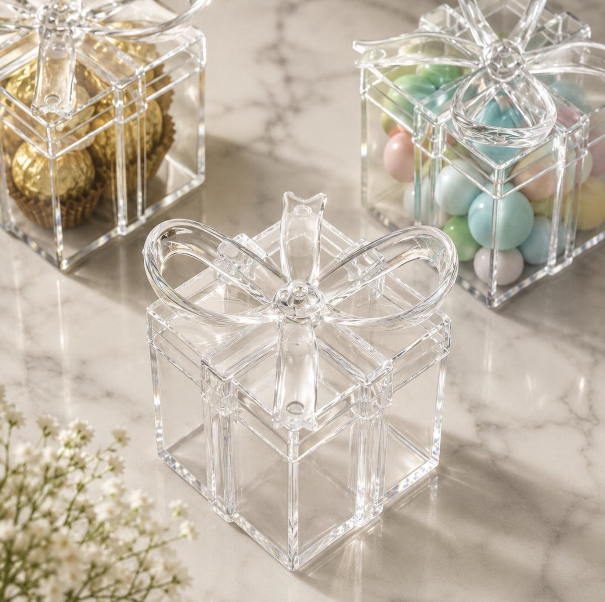 12 Pack 3" Square Clear Bow Top Plastic Party Favor Boxes – Transparent Candy Container Gift Boxes - Pretty Party Boxx