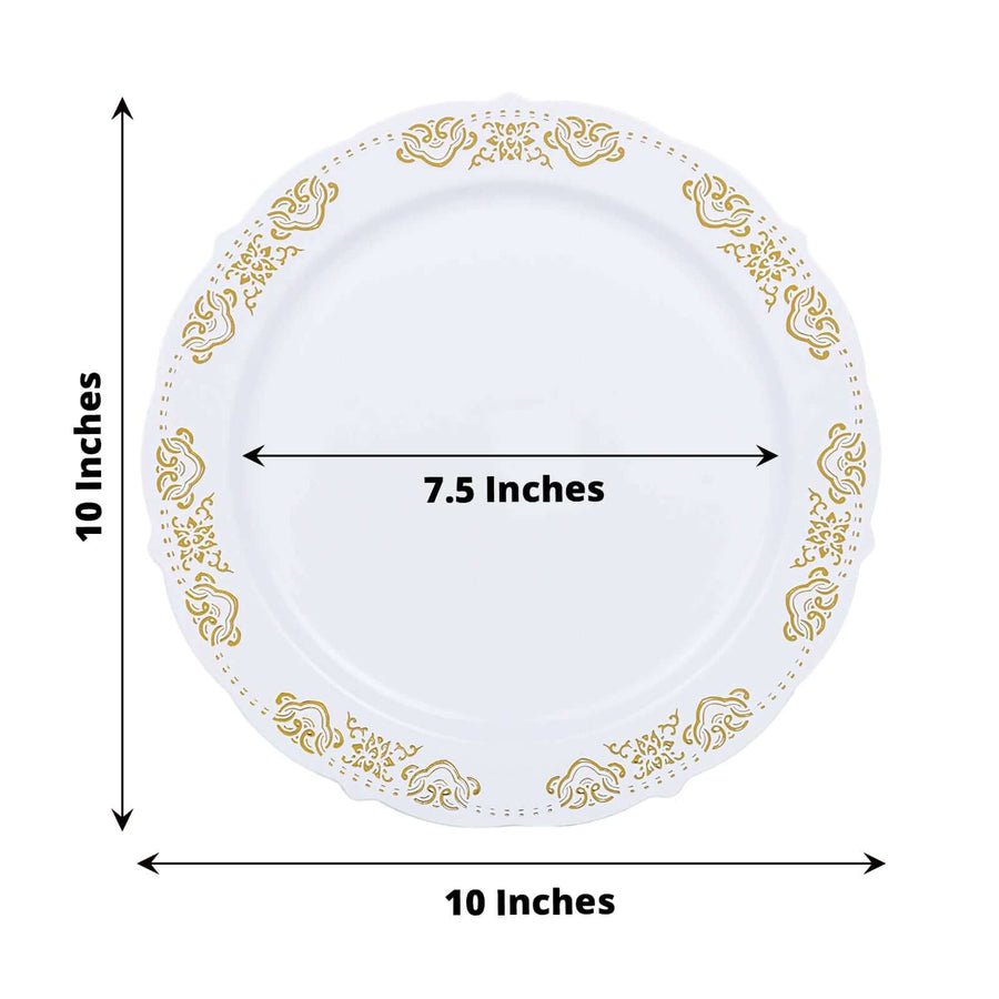 10 inch clear plastic dinner plate with ornate gold baroque rim. Durable disposable wedding tableware.