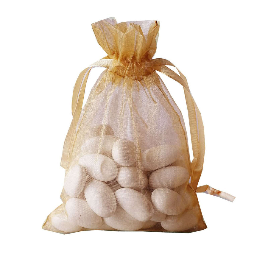 Elegant 4x6 gold organza drawstring gift bag with satin ribbon – perfect for weddings, bridal showers, and special events