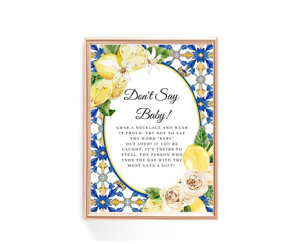 Printed Don't Say Baby Game with Pearl Necklaces – Italian Lemon Blue Tile Baby Shower Game