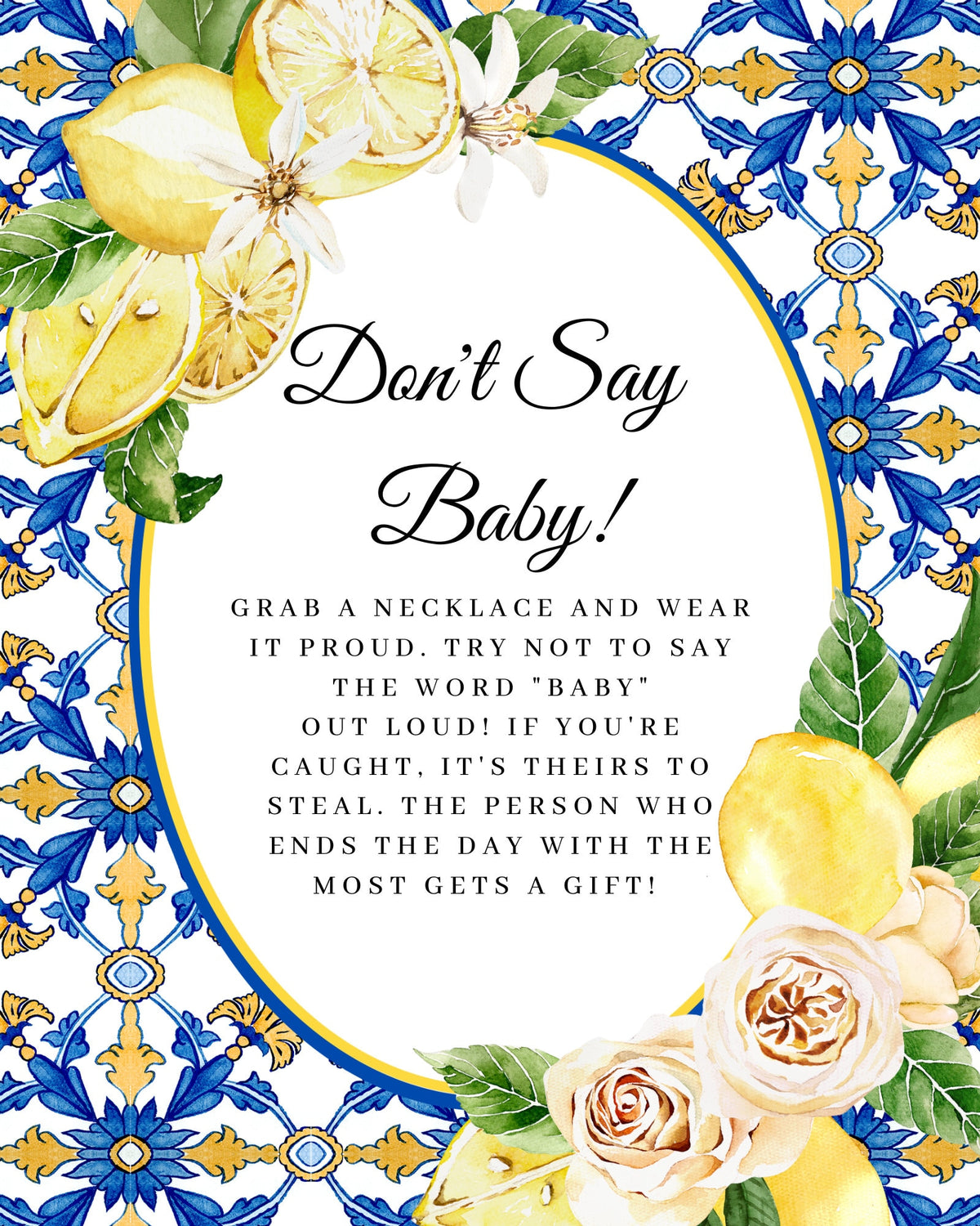 Printed Don't Say Baby Game with Pearl Necklaces – Italian Lemon Blue Tile Baby Shower Game