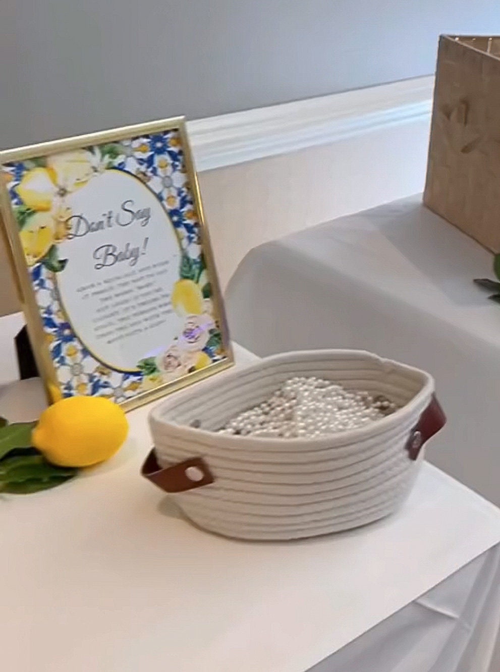 Printed Don't Say Baby Game with Pearl Necklaces – Italian Lemon Blue Tile Baby Shower Game