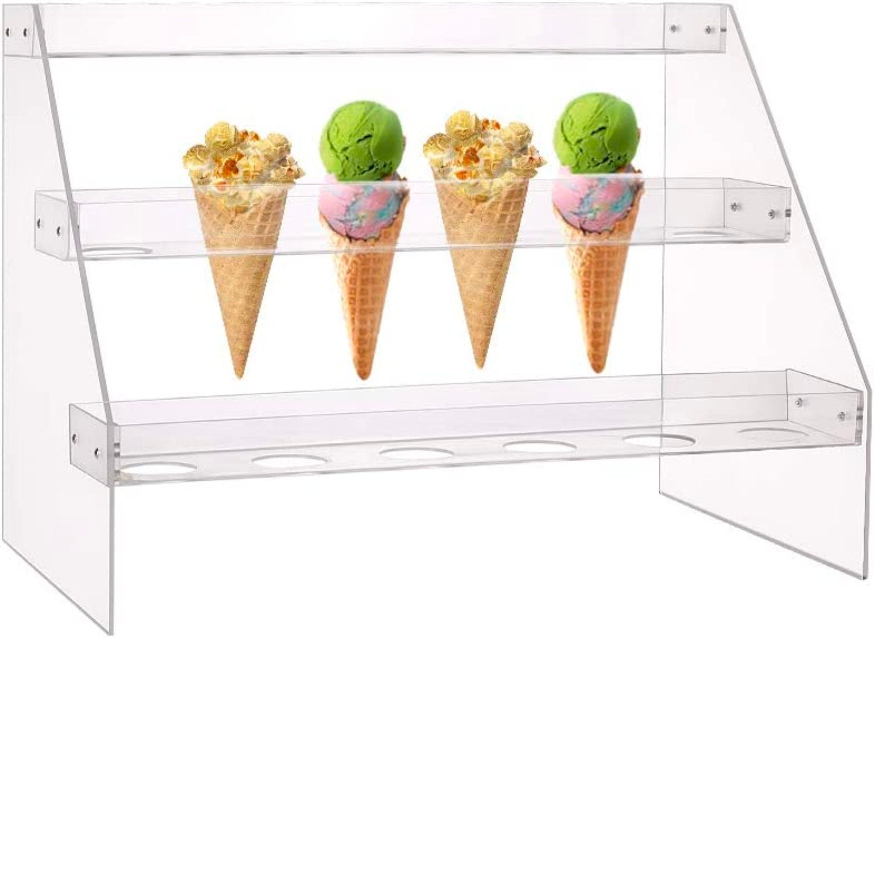 Professional acrylic tiered stand holding ice cream charcuterie cones in disposable cones for wedding display.